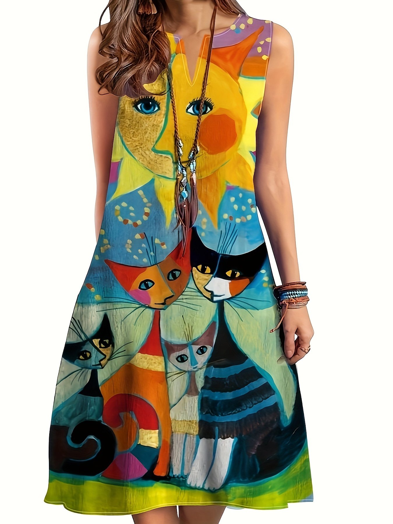 Vibrant Colors Women's Retro V-Neck Sleeveless Dress with Cartoon Cat & Star Print - Loose A-Line Knee-Length Summer Dress, Machine Washable for Spring/Summer Casual Outfits