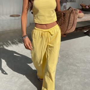 Summer Women'S Solid Color Strapless Backless Crop Top with High-Waisted Wide-Leg Pants, a Two-Piece Bohemian Style Outfit for Ladies, Perfect for Vacations And Beach Outings.