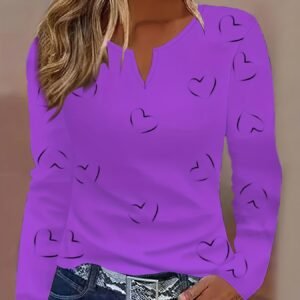 Fashionable Long-Sleeve Top with Heart-Shaped Print And a Scoop Neckline