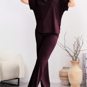 Women's Autumn Clothing - New Women Pants Set, Solid Color Side Slit Round Neck Short Sleeve T-Shirt with High Waist Comfortable Straight Leg Casual Two-Piece Outfit, Casual Attire, Spring Fashion, Durable Stitching, Machine Washable, Adults, Weekend Wear