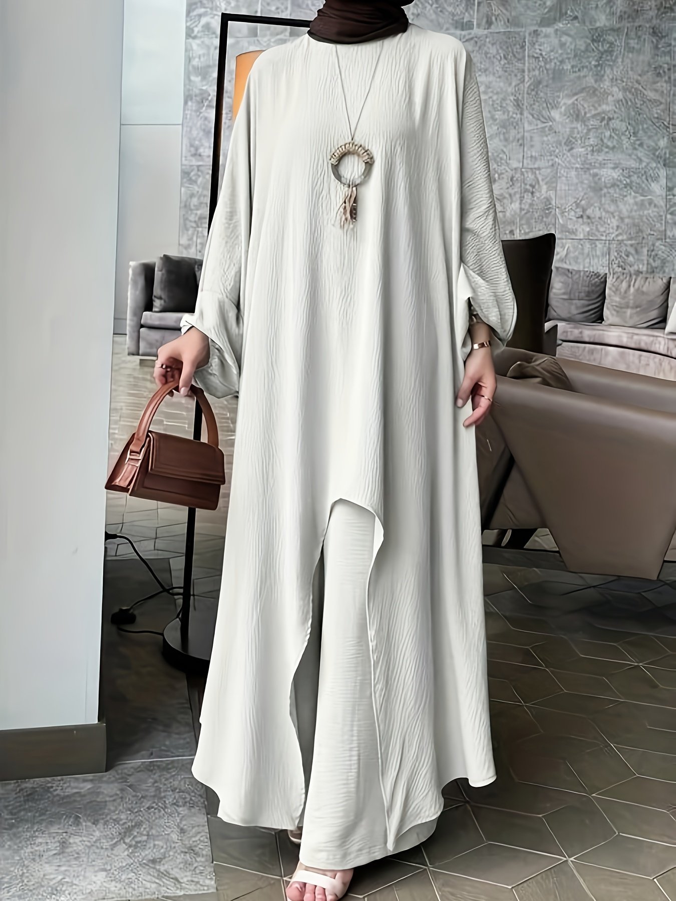 Elegant Asymmetrical Hem Cape Wide-Leg Pants Set for Middle Eastern Muslim Women - Chic Long Sleeve, Loose Fit, Solid Color, Spring/Fall Fashion, No Headscarf Included, Spring Fashion|Asymmetrical Hemline|Loose Fit Pants