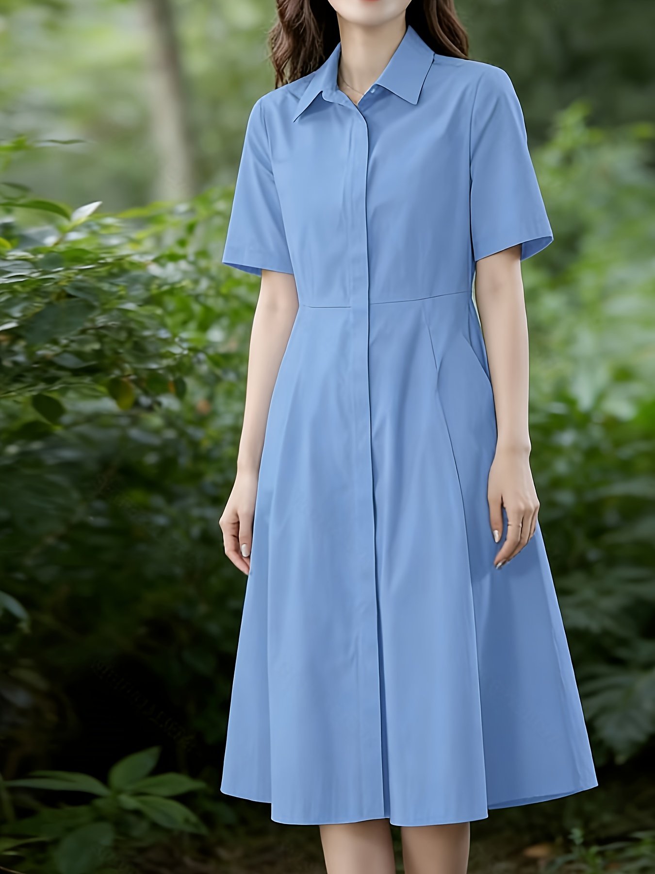 Elegant Fashion Long Double-Pocket Short-Sleeve Lapel Shirt Dress | Lightweight Breathable Loose Midi Shirting with Button Details, Suitable for Office and Street Style