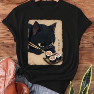 Kawaii Cat Eating Sushi print t-shirt, short sleeve crew neck casual top for summer & spring, Women's clothing