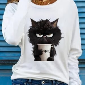 Women'S Cartoon Cat Graphic Tee, Long Sleeve Crew Neck Casual Top, 100% Polyester Knit Fabric, Applique Detail, Regular Length, Fall Season Fashion