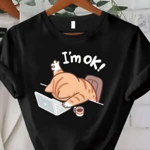 [Casual Graphic T-Shirt] Lightweight Polyester Women's Casual Graphic T-Shirt | Short Sleeve, Crew Neck, Whimsical Cat & Laptop Design - Perfect for Spring & Summer
