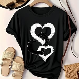 Women'S Casual Black T-Shirt with White Heart Print - Short Sleeve, Round Neck, Lightweight Polyester, Perfect for Spring & Summer, Ladies T Shirts