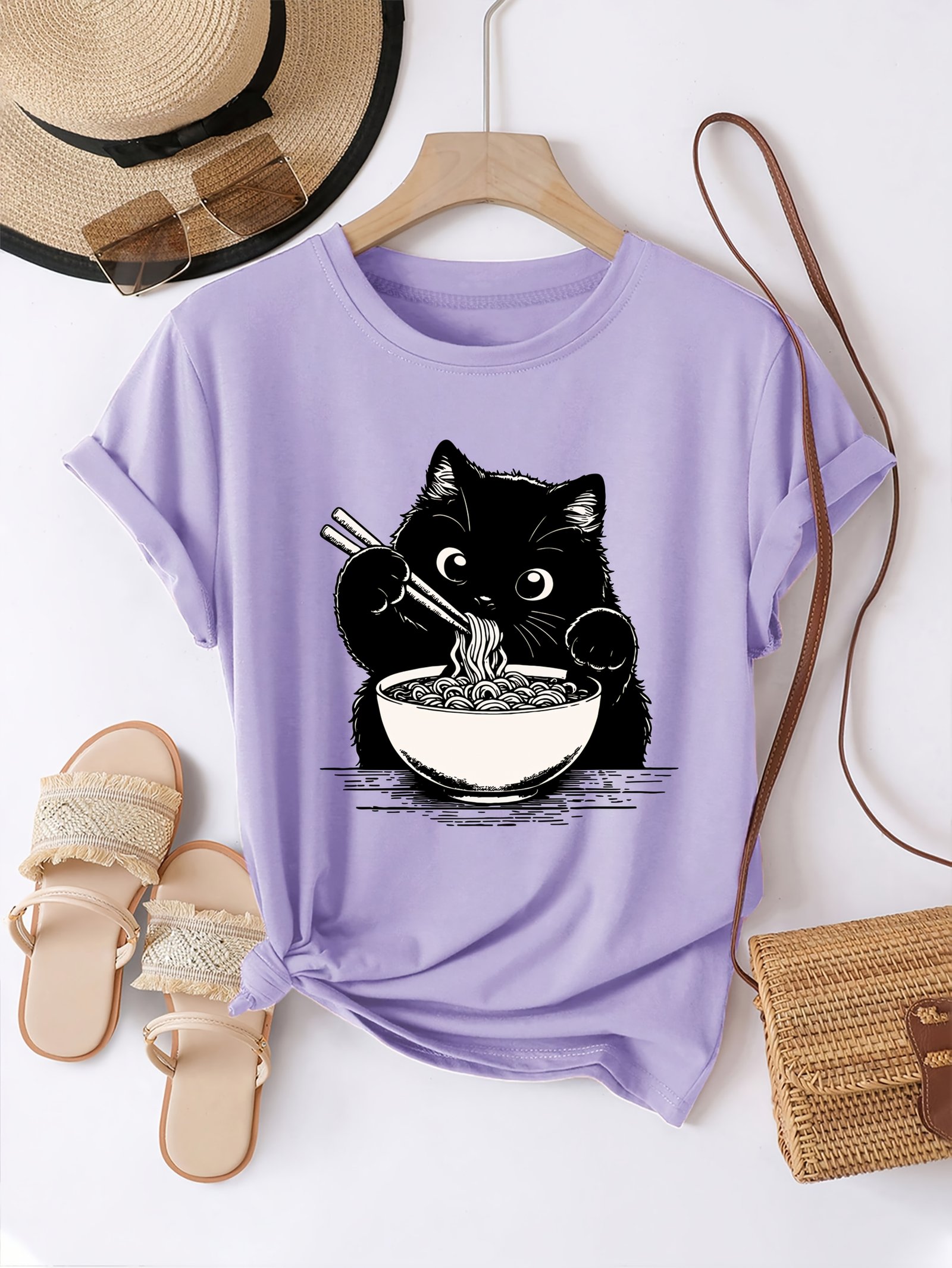 Cute Black Cat Graphic Print Fashion Casual Short Sleeve | Spring/Summer Fit, Round Neck Women'S T-Shirt