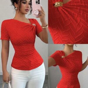 Elegant Women'S Short-Sleeve T-Shirt with an Irregular Neckline And Metal Buckle Decoration.