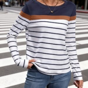 Women's Round Neck Striped Long Sleeve T-Shirt, Casual Fashion Choice for Casual Attire, Autumn Women's Clothing Fabric