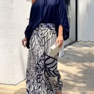 Women'S Spring/Summer Solid Color Off-Shoulder Neck Top + Fashion Print Flared Pants Casual Streetwear Two-Piece Set LL256