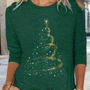Circle Direction - New Christmas Spring And Autumn Style Printed Round Neck Long Sleeve Loose Top Base T-Shirt, Machine Washable - Suitable for Daily Wear And Home Use in Spring And Autumn.